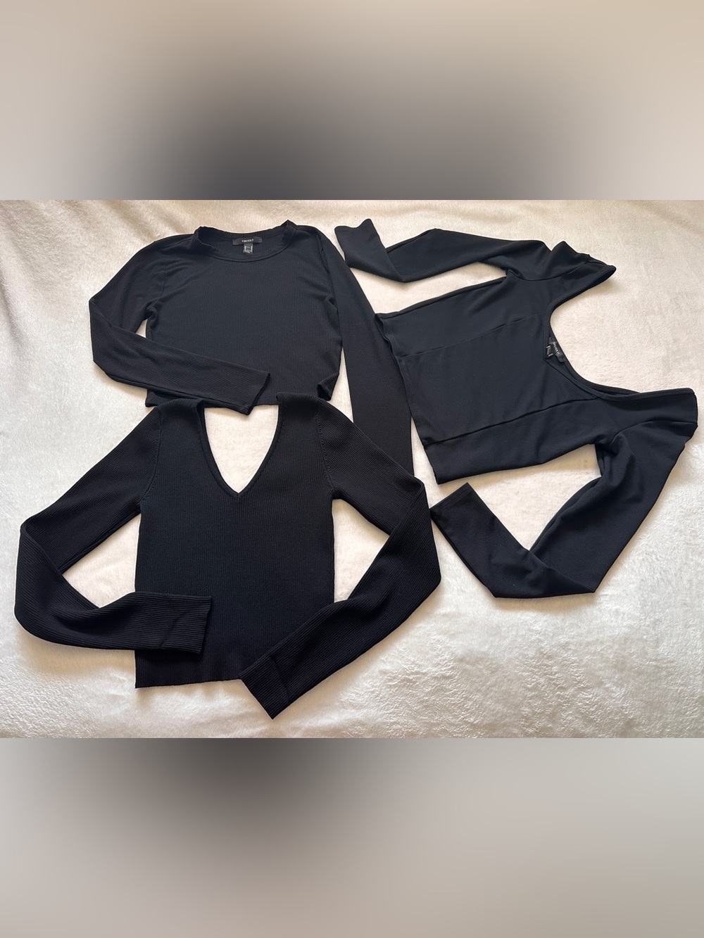 Lot of 3 Forever 21 Black Cropped Top Long Sleeve Knit Blouses